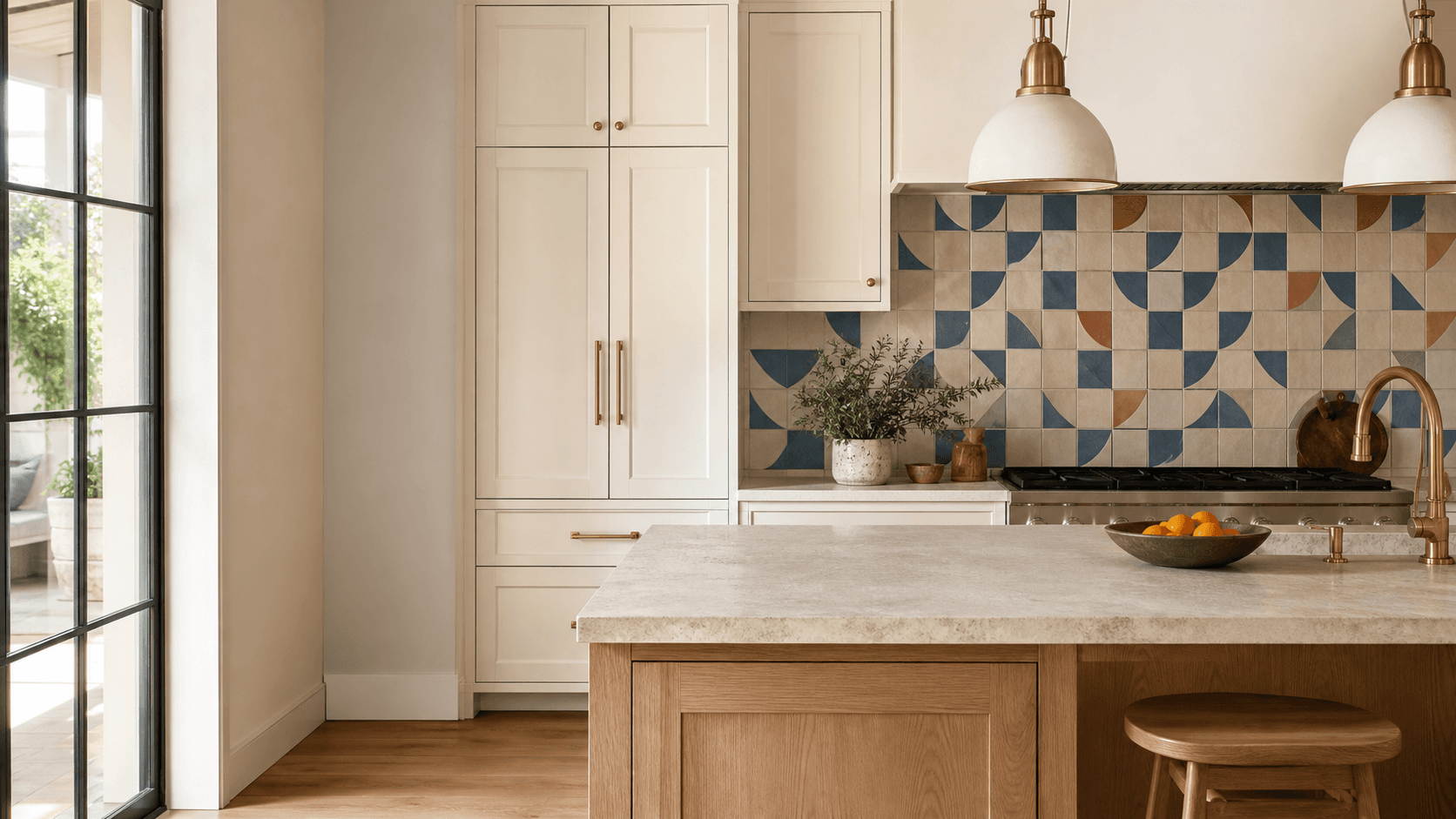 Modern kitchen with custom blue tile backsplash